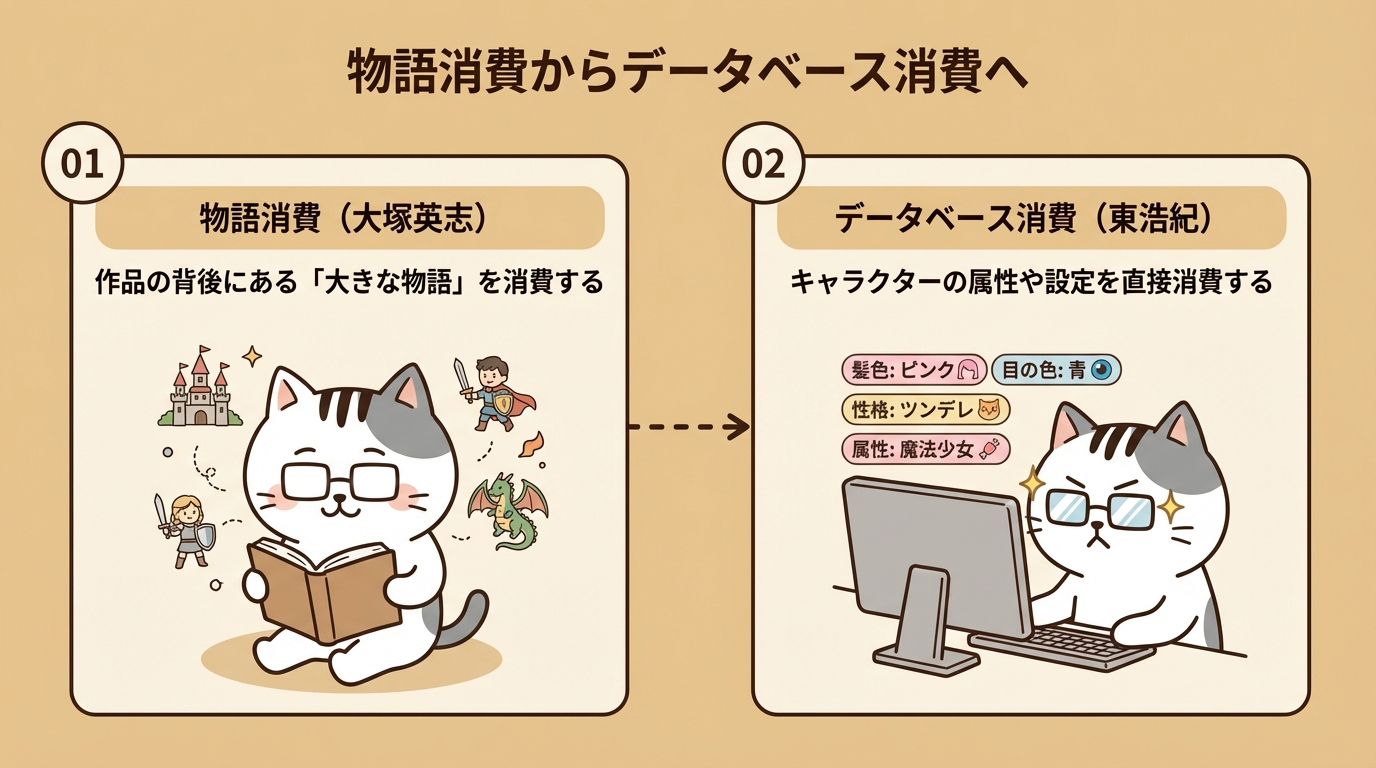 物語消費からデータベース消費へ — 大塚英志の物語消費論から東浩紀のデータベース消費論への流れを示すフロー図