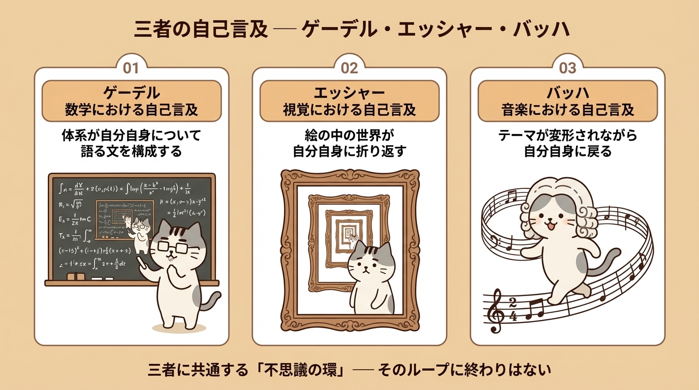 三者の自己言及 — ゲーデル（数学）・エッシャー（視覚）・バッハ（音楽）それぞれの自己言及構造を示す比較図