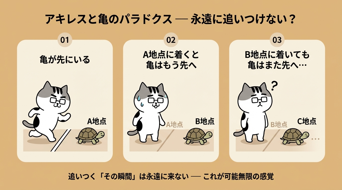 アキレスと亀のパラドクス — 亀が先にいる→A地点に着くと亀はもう先へ→B地点に着いても亀はまた先へ… 追いつく「その瞬間」は永遠に来ない