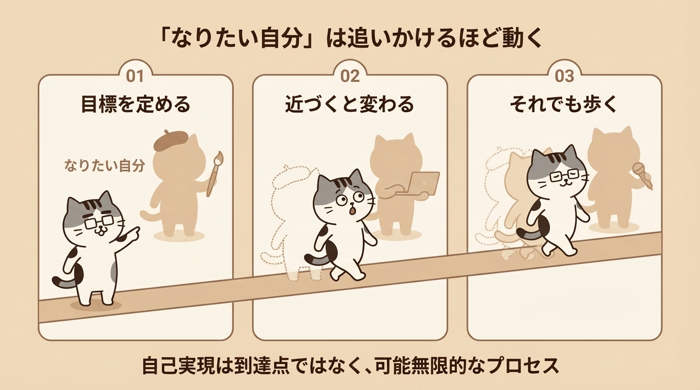 「なりたい自分」は追いかけるほど動く — 目標を定める→近づくと変わる→それでも歩く の3ステップ図。自己実現は到達点ではなく、可能無限的なプロセス